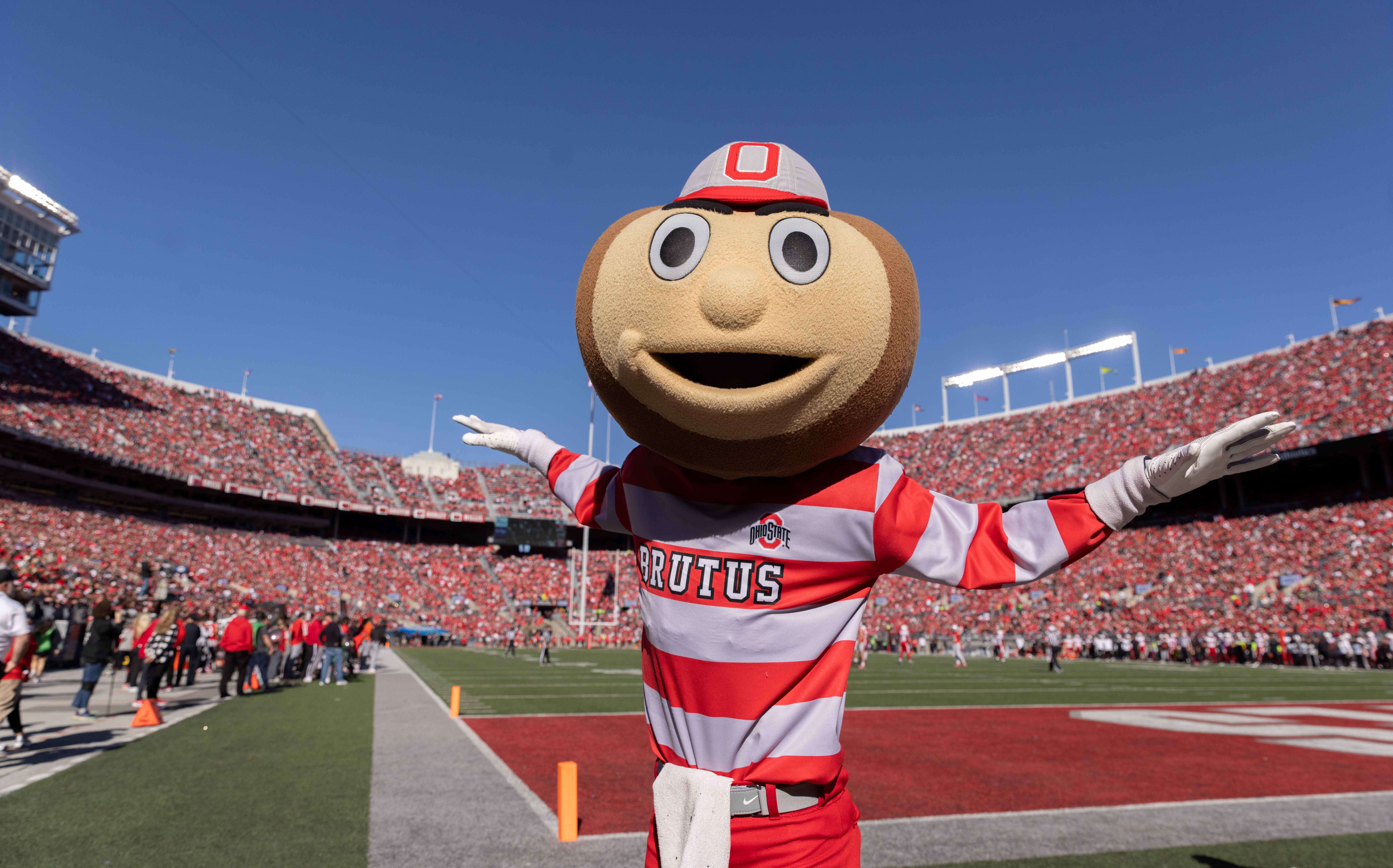 Mascot Brutus Buckeye at an Ohio State football game