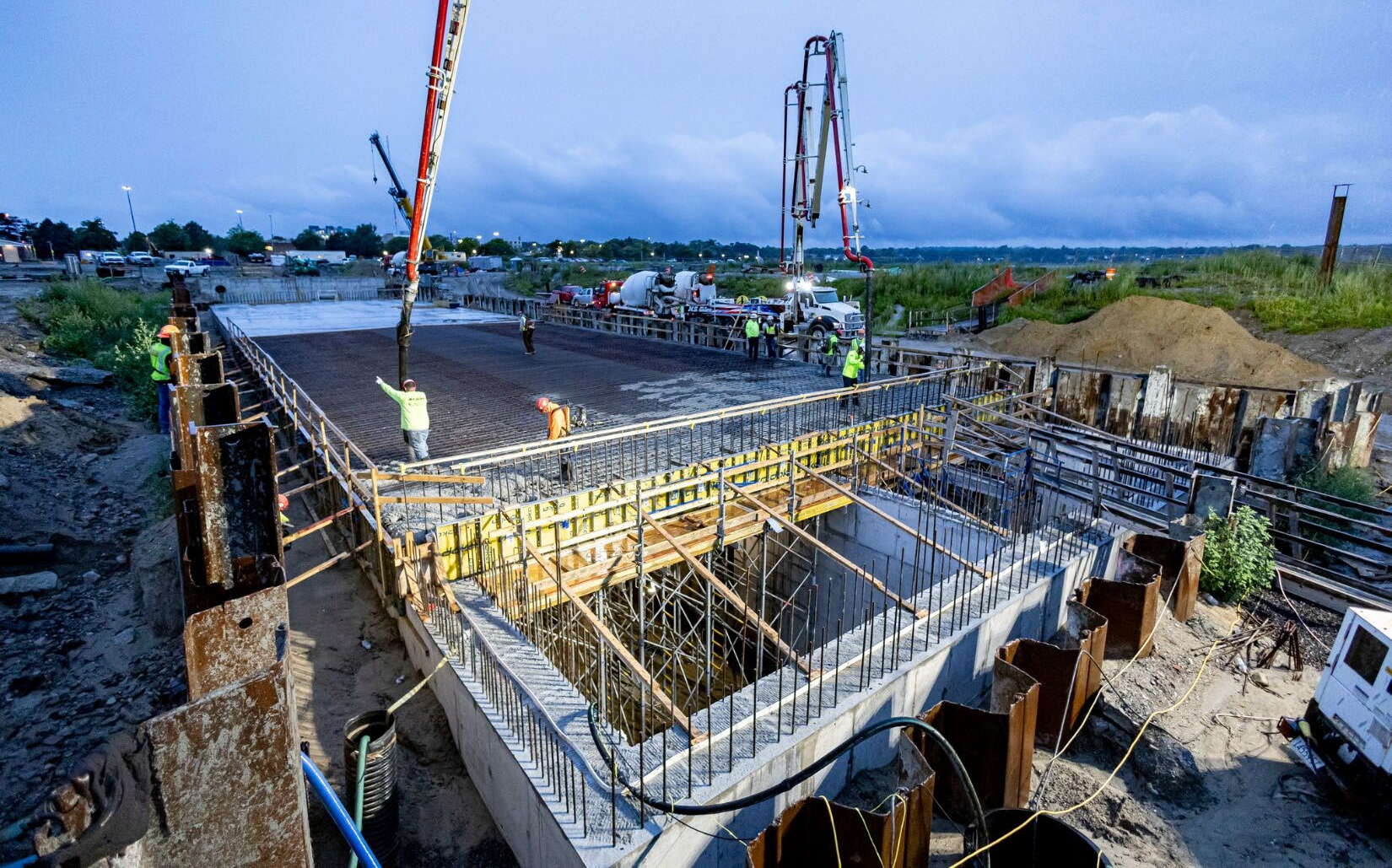 An aerial view of a building under construction.