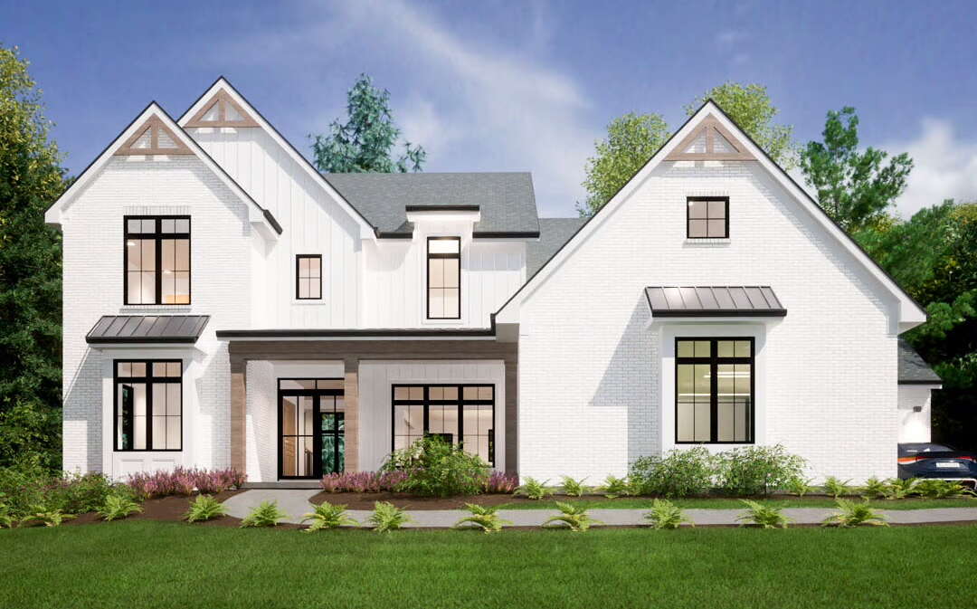 A rendering of a house with white siding.
