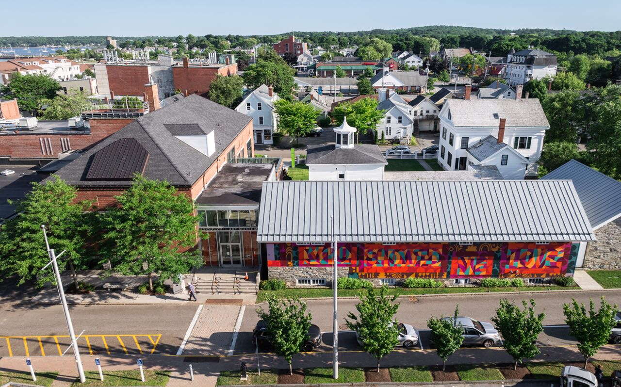 An aerial view of multiple buildings.