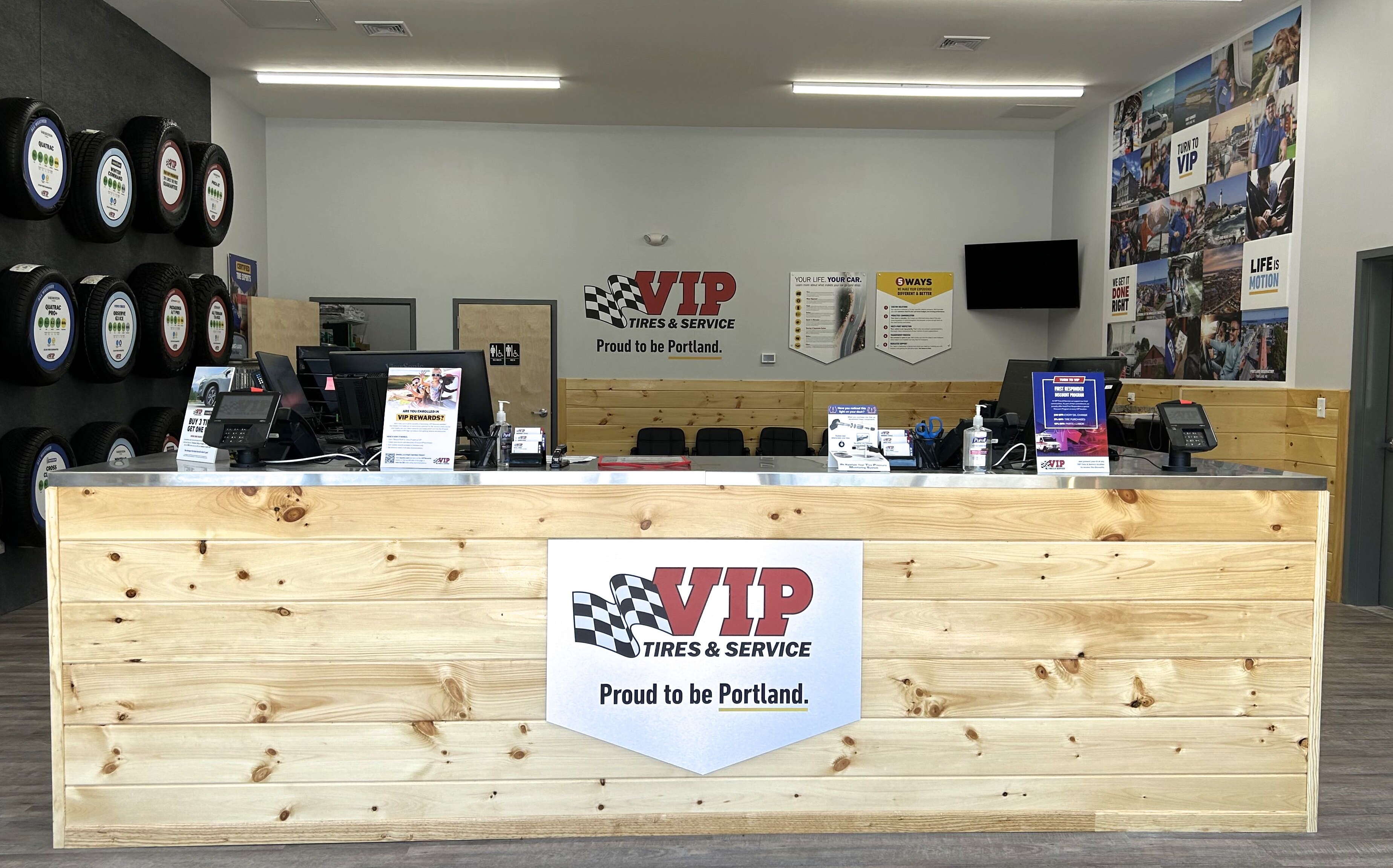 A store interior has a wooden counter.