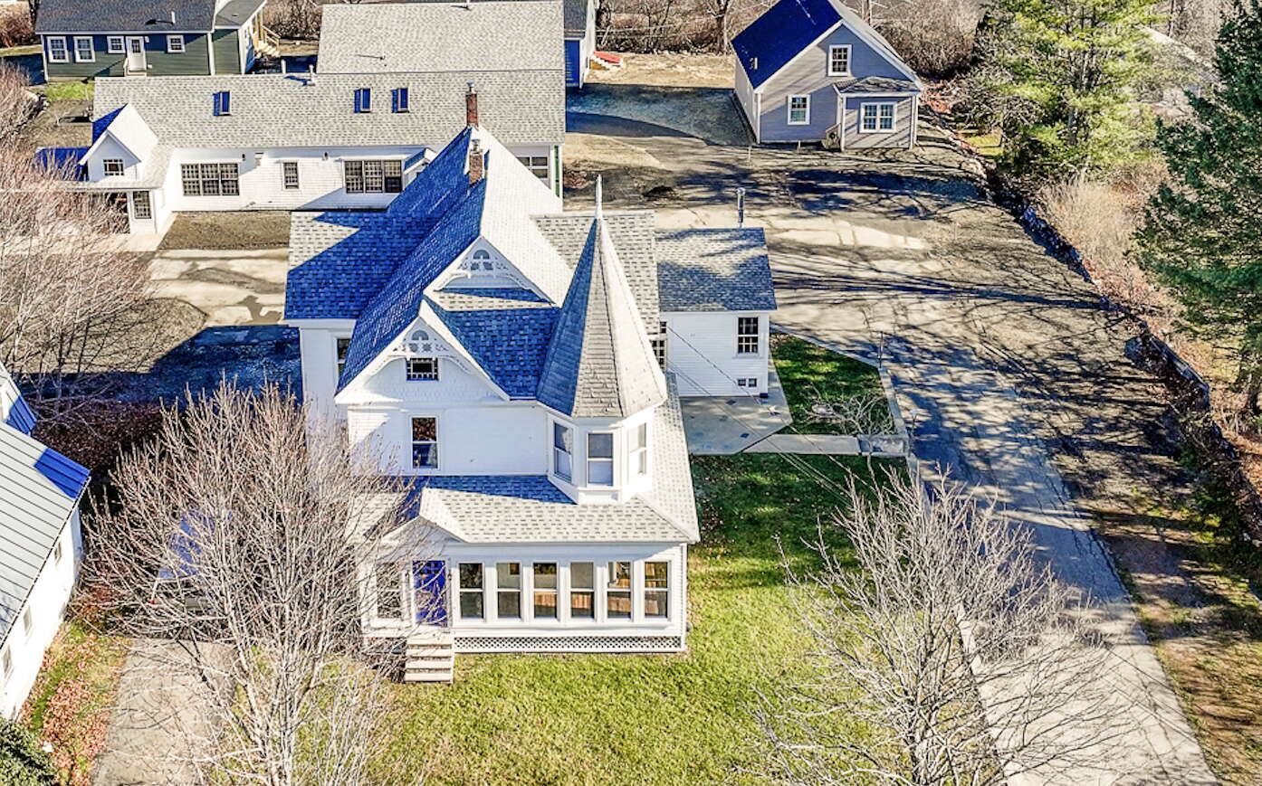 Aerial view of an old house.