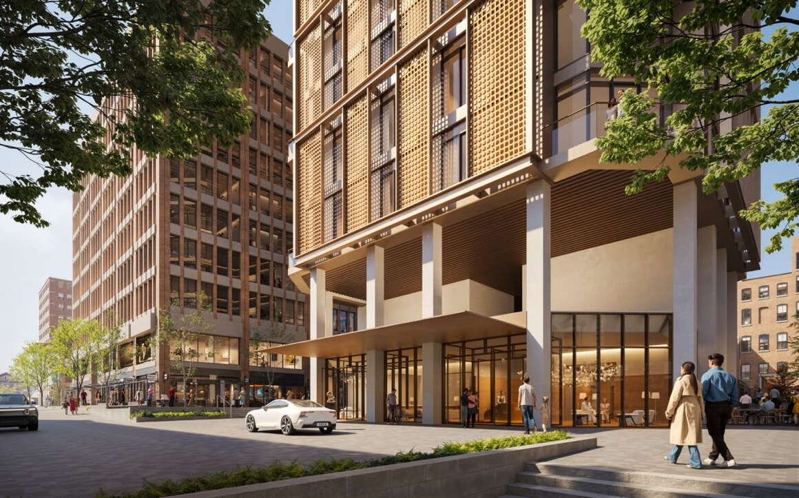 A rendering shows the exterior o two buildings.