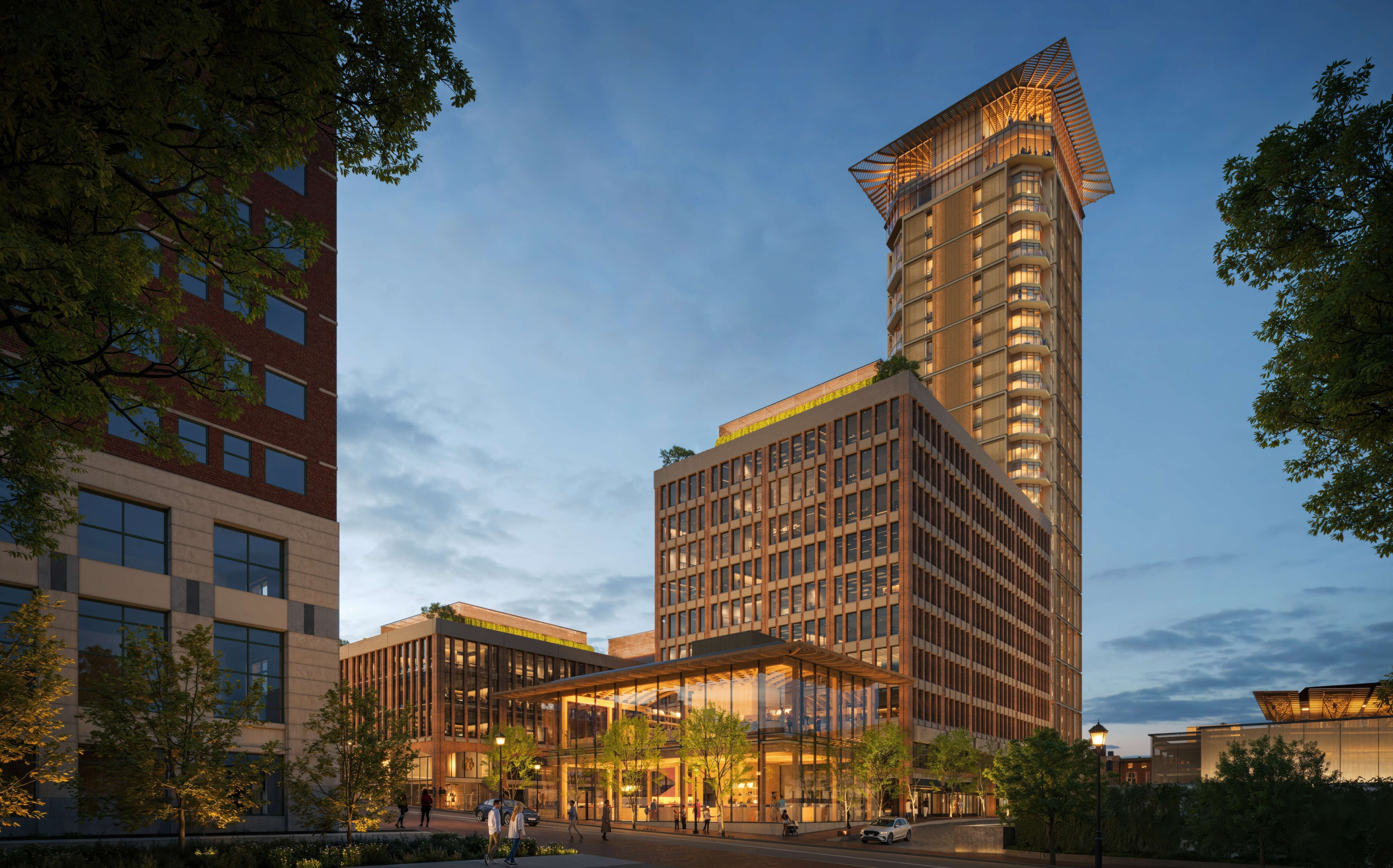 A rendering shows the exteriors of several buildings.