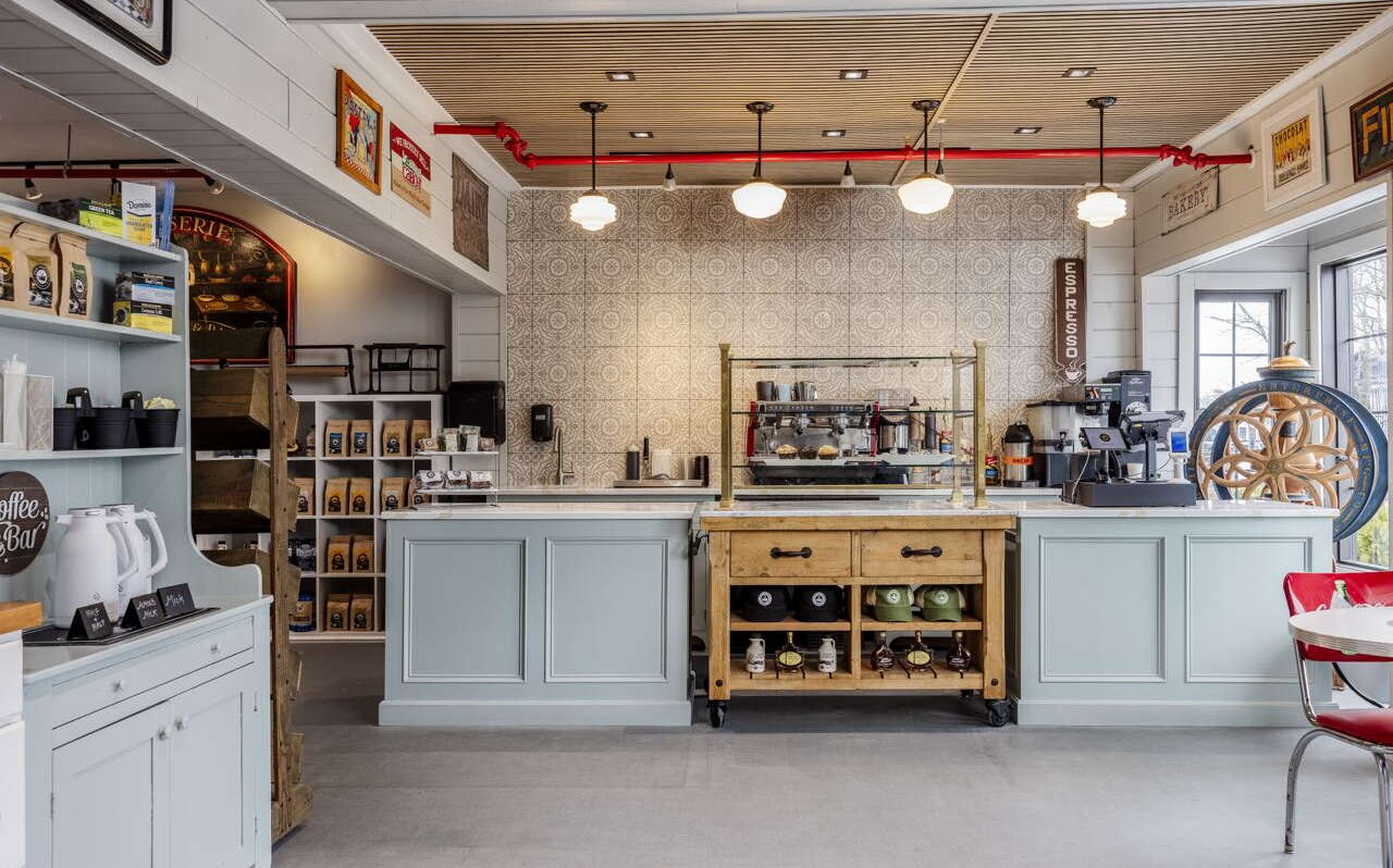 A rom has counters and coffee paraphernalia.