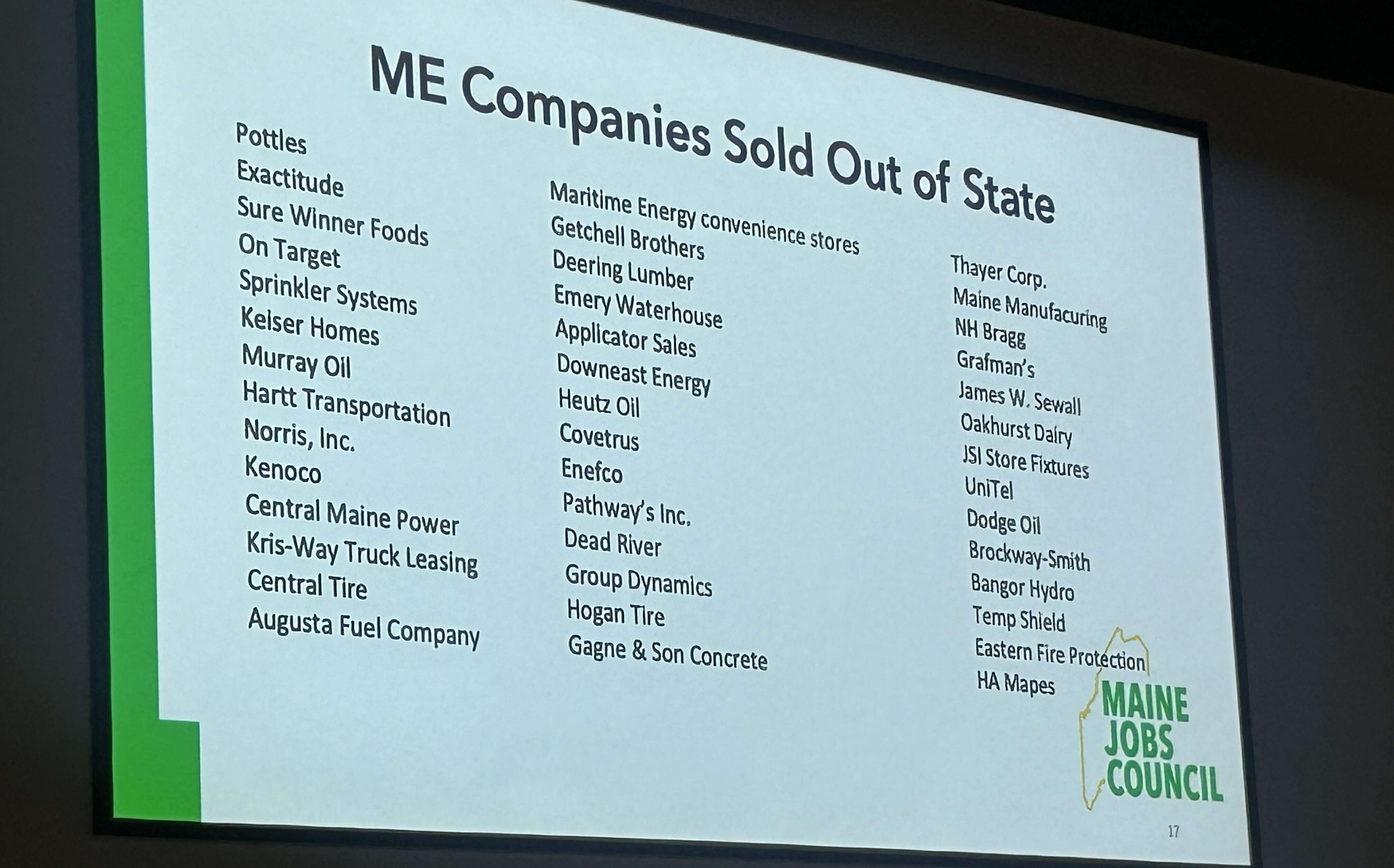 slide of Maine companies sold to out of state buyers 