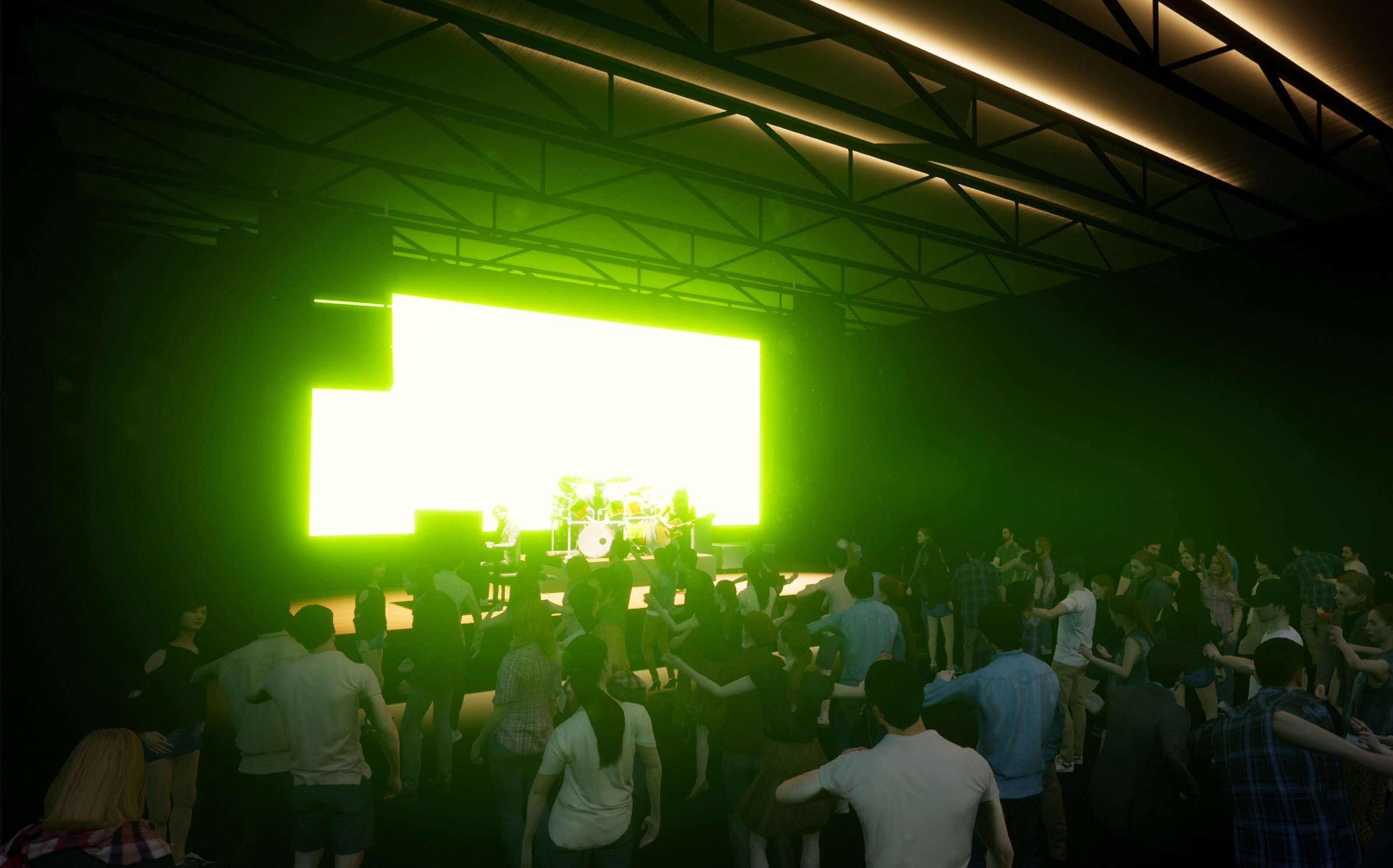 A rendering shows people looking at a green square light.