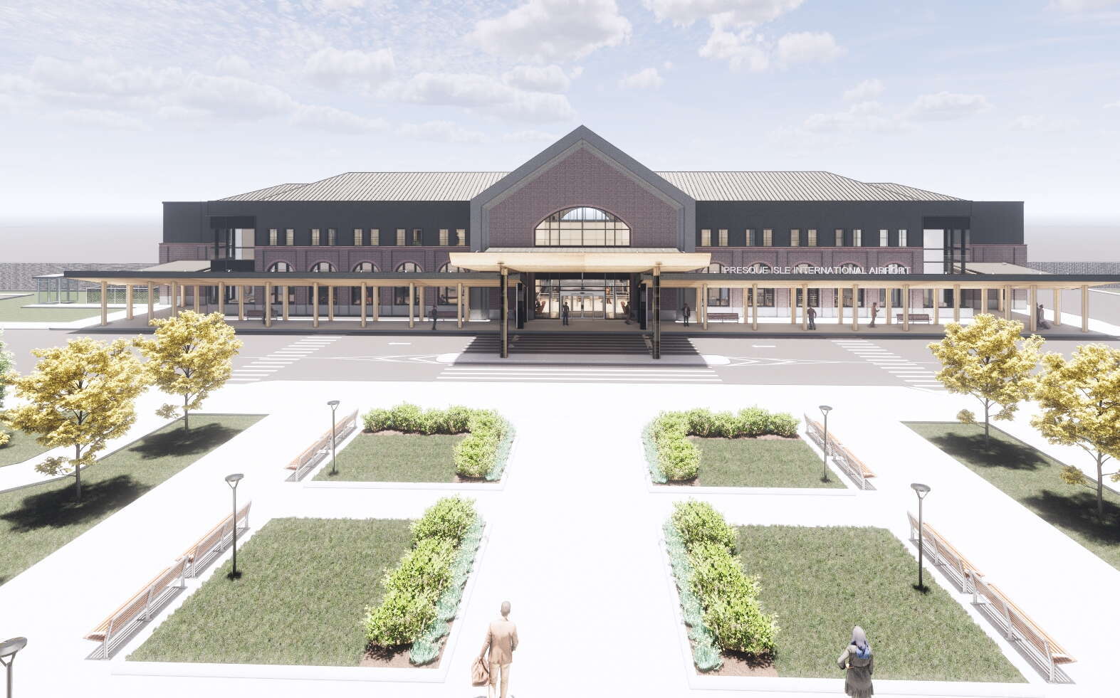 A rendering shows a building and walkways.