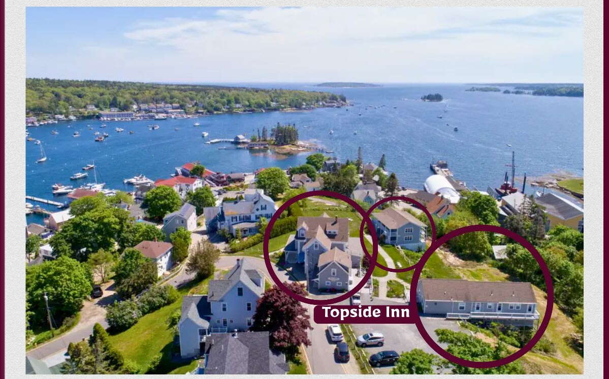 An aerial view shows buildings with circles drawn around them.