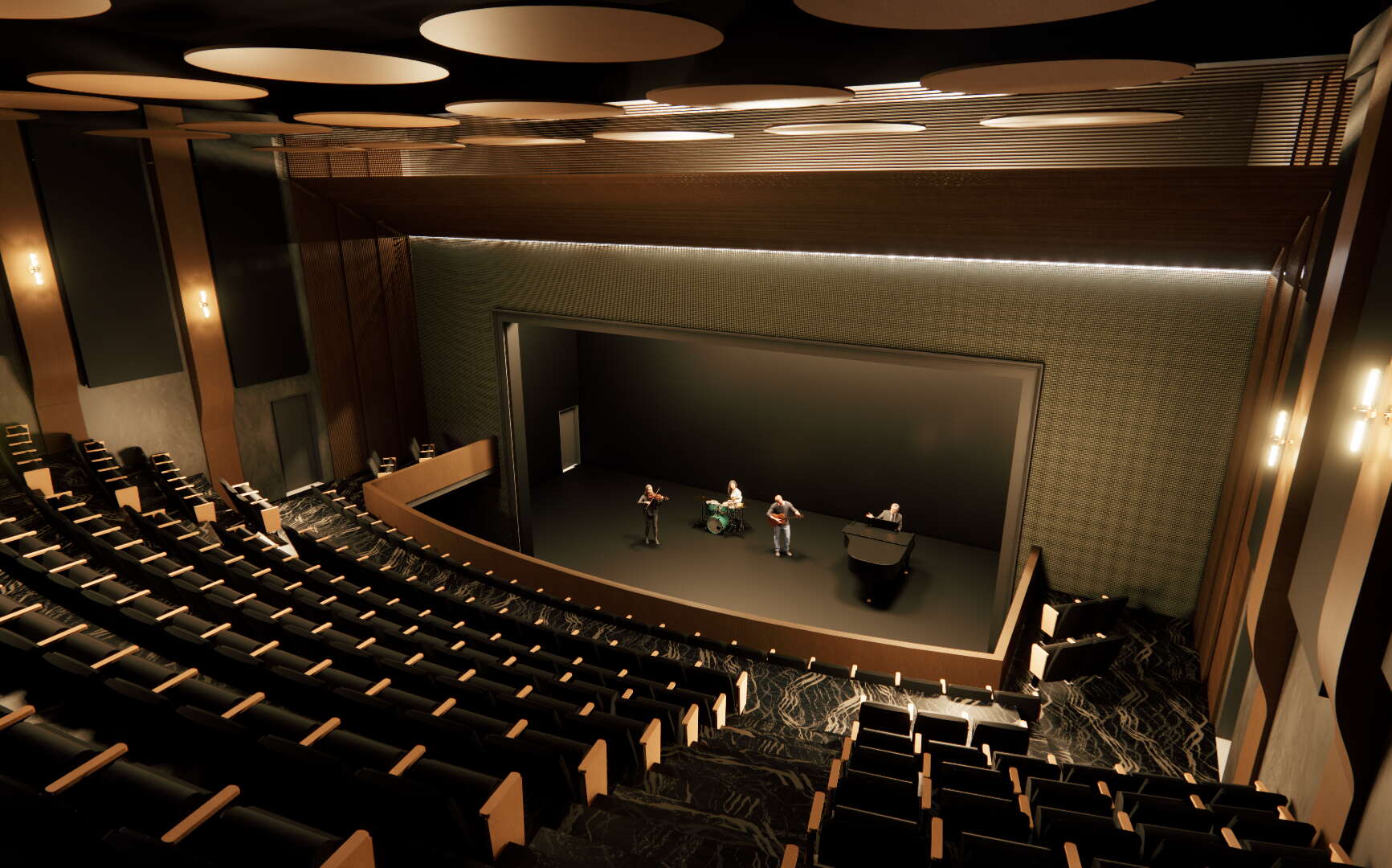 A drawing shows seats in rows and tiers and a stage.