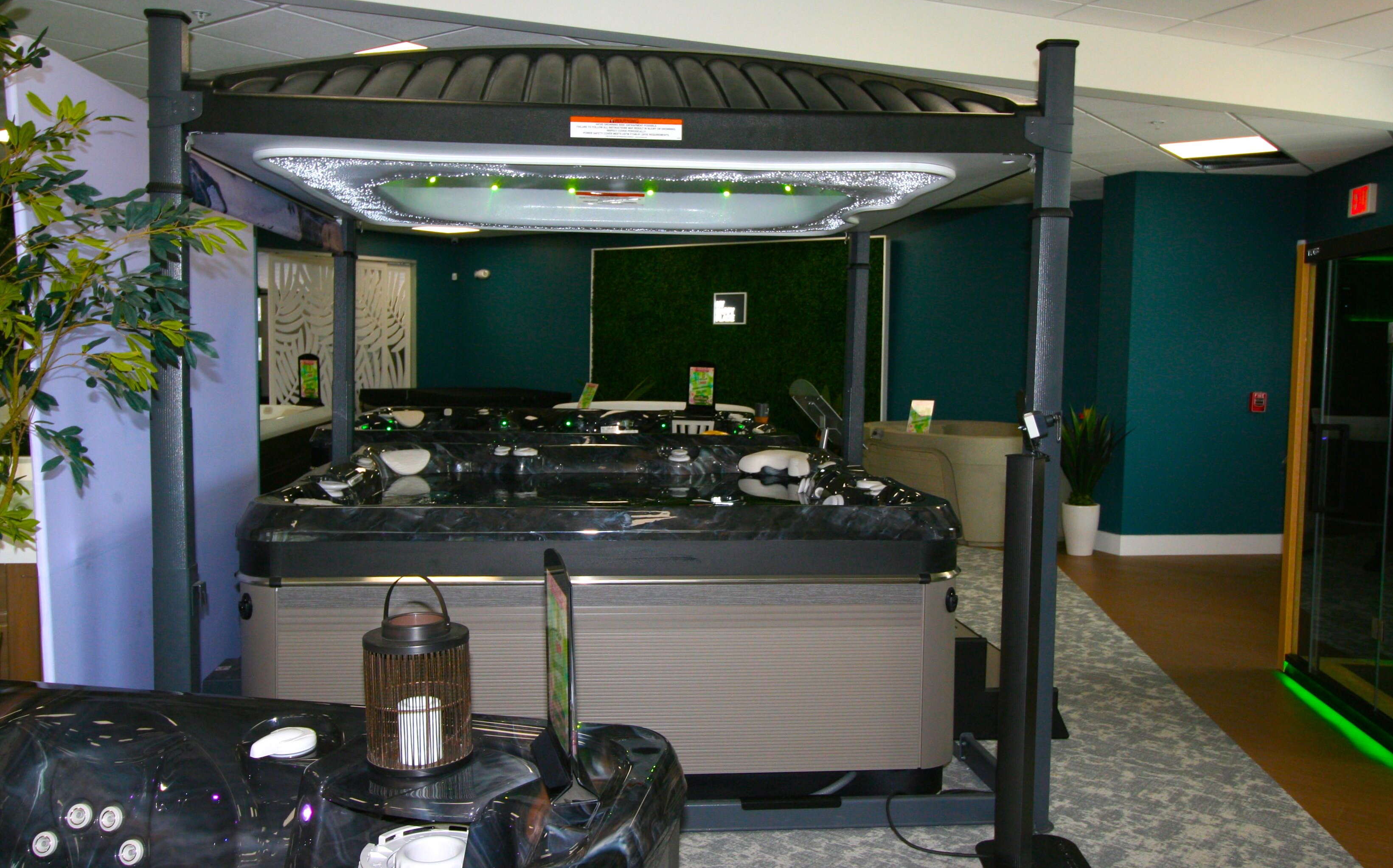 Hot tubs sit in a room.