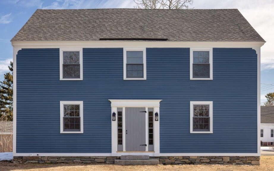 The exterior of a blue house.