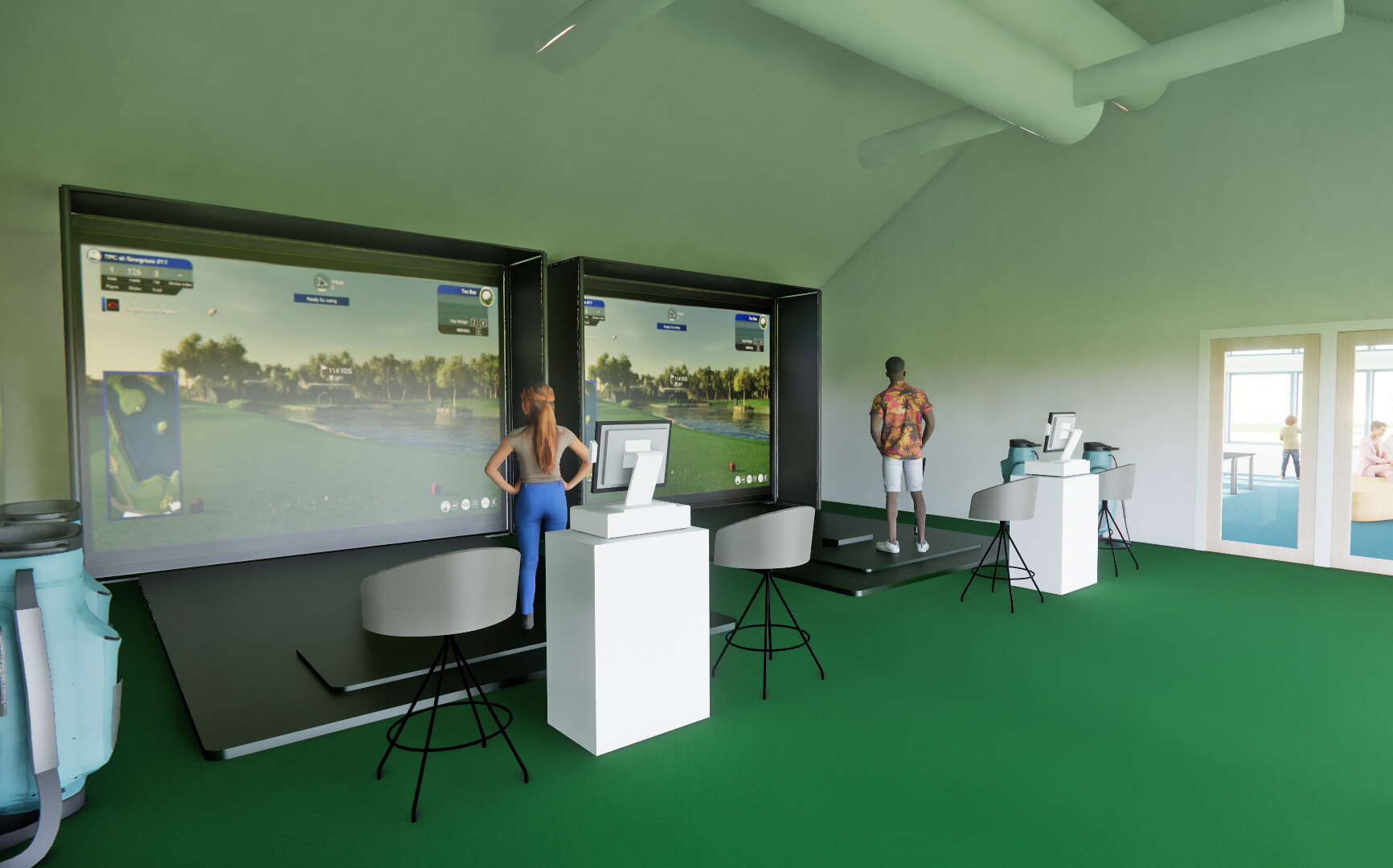 A drawing shows a room with large screens.