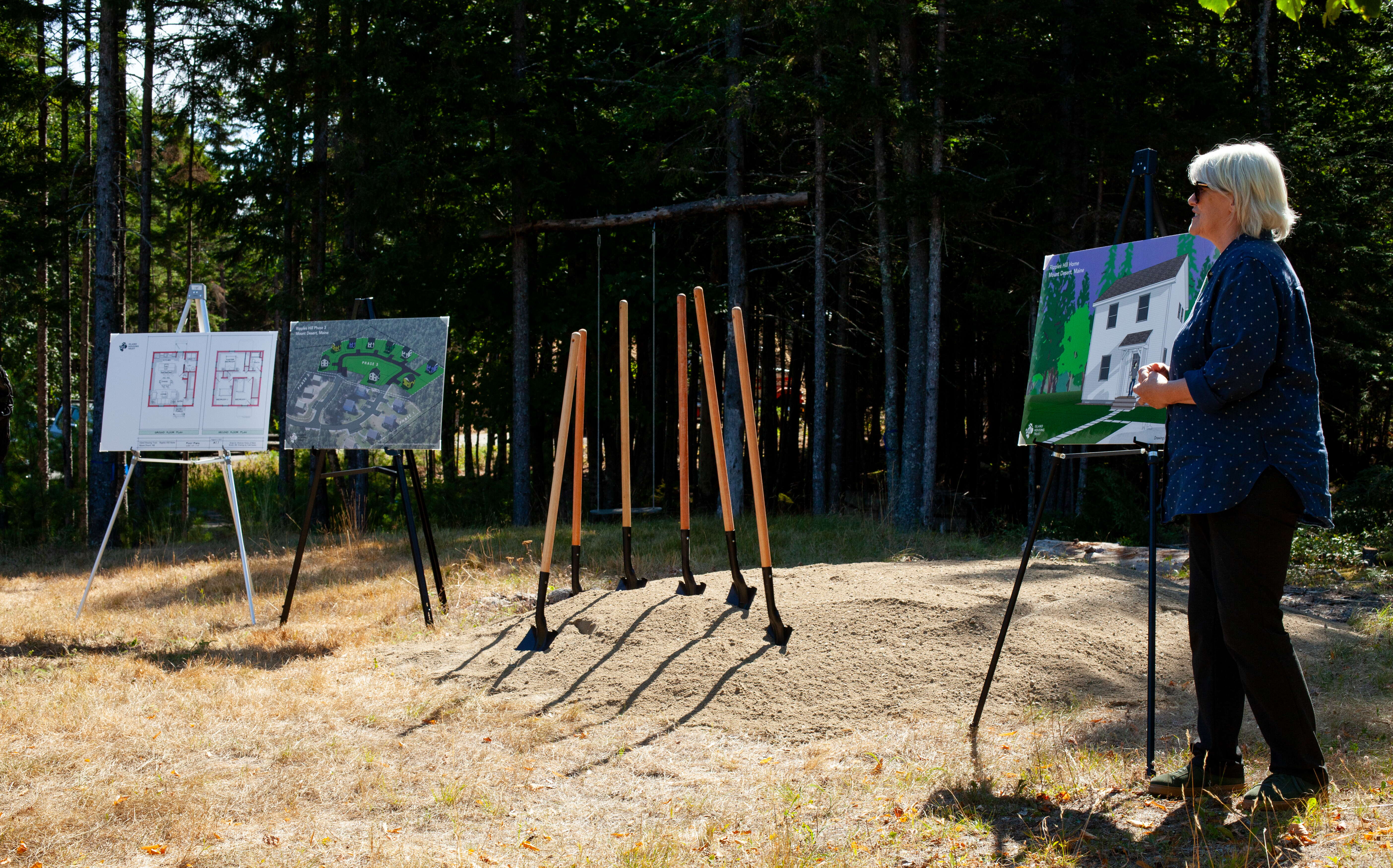 A person stands with easels in a field.