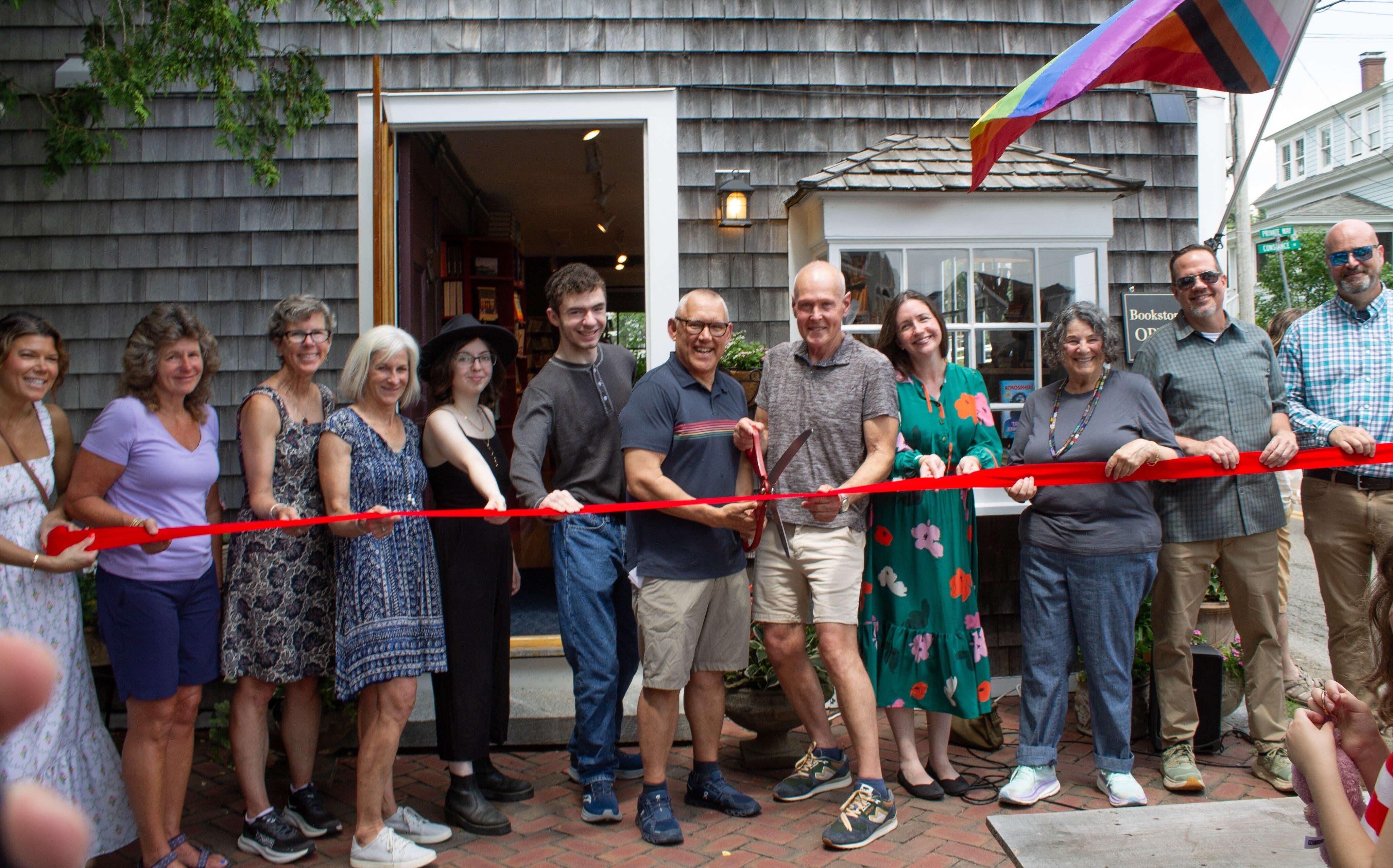 Perkins Cove Bookshop ribbon cutting ceremony (group photo in front of the store)