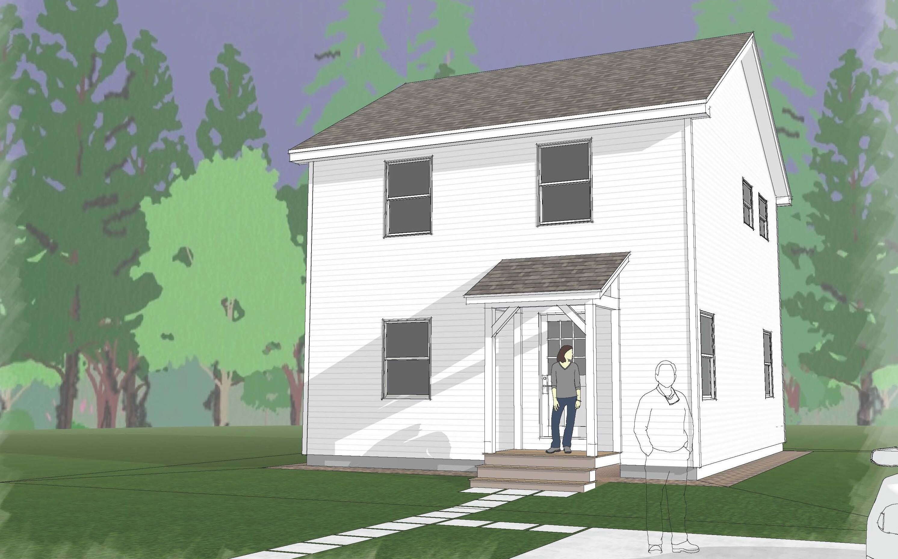 A drawing shows a house.
