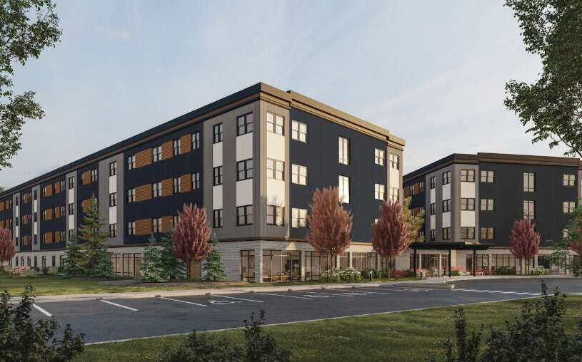 A rendering shows the exterior of a building.