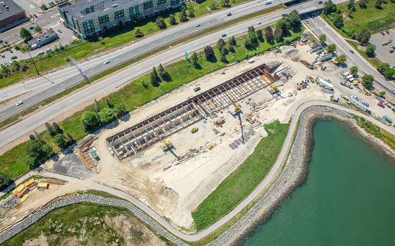 An aerial view shows strucutres built into the ground.