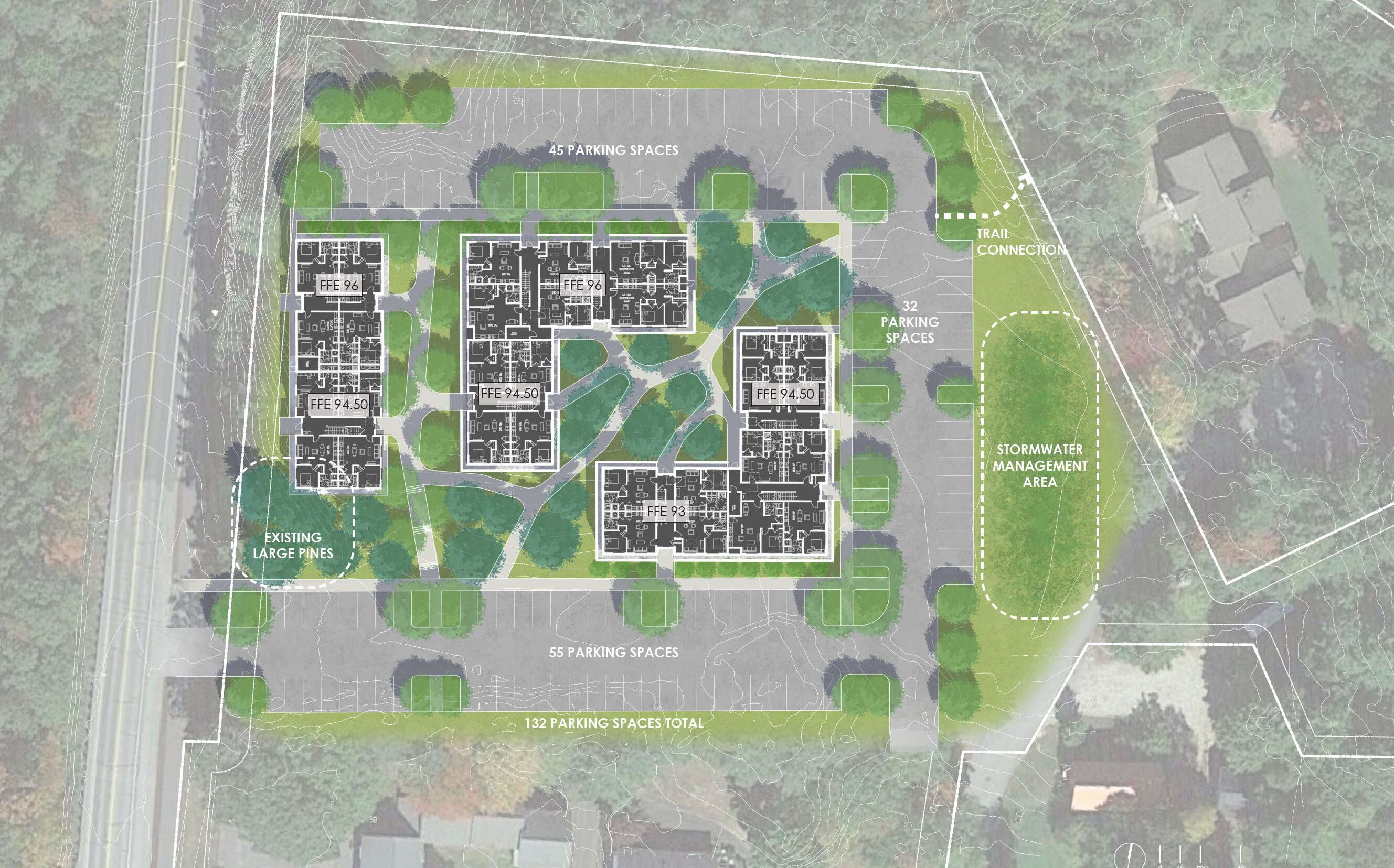 A view of a development is seen from above.