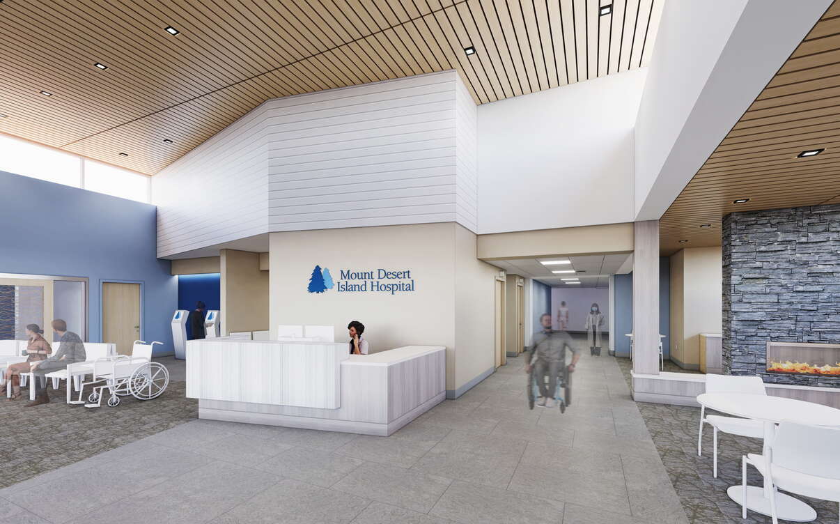 A rendering shows a lobby and furnishings.