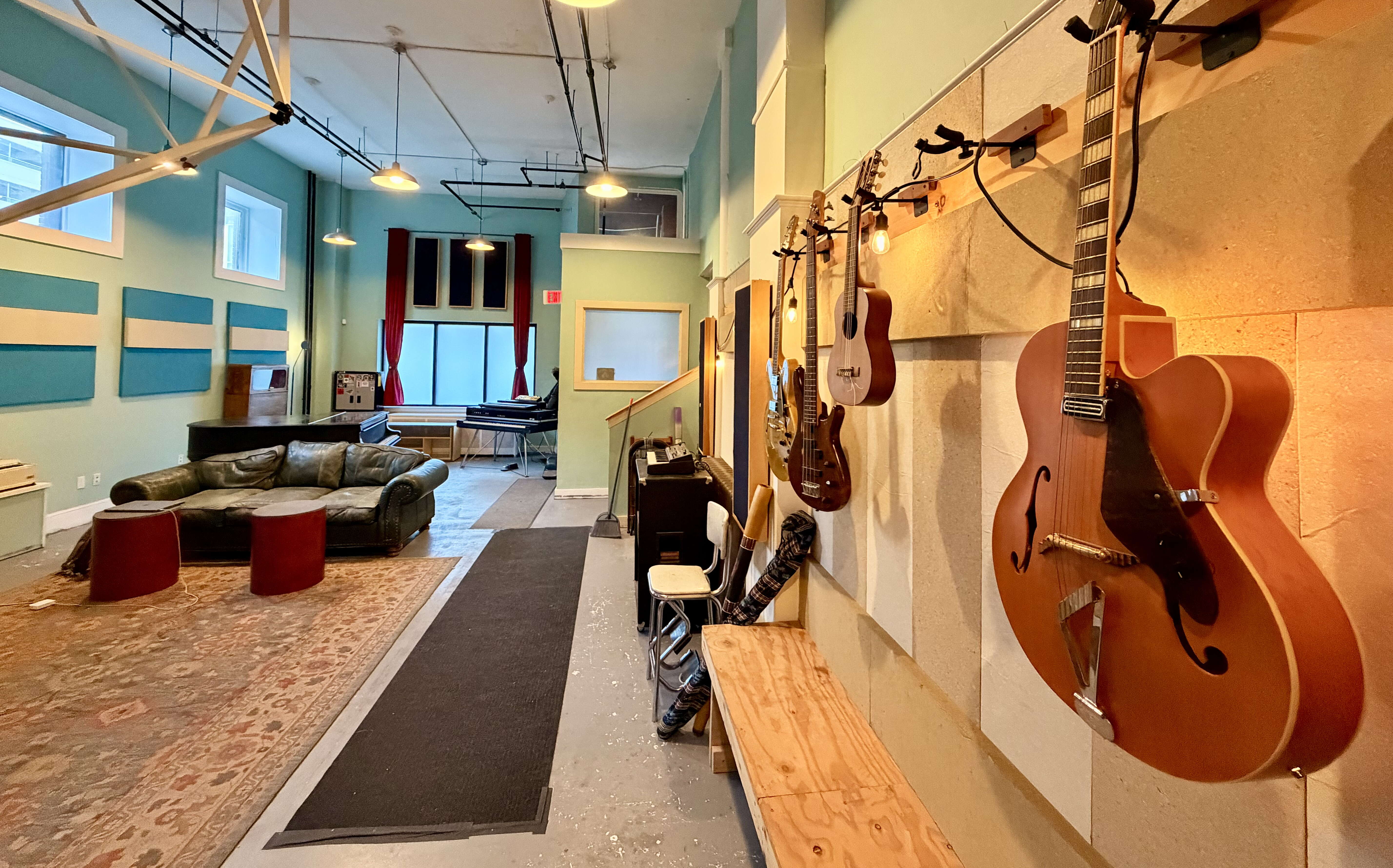 A room has musical instruments.