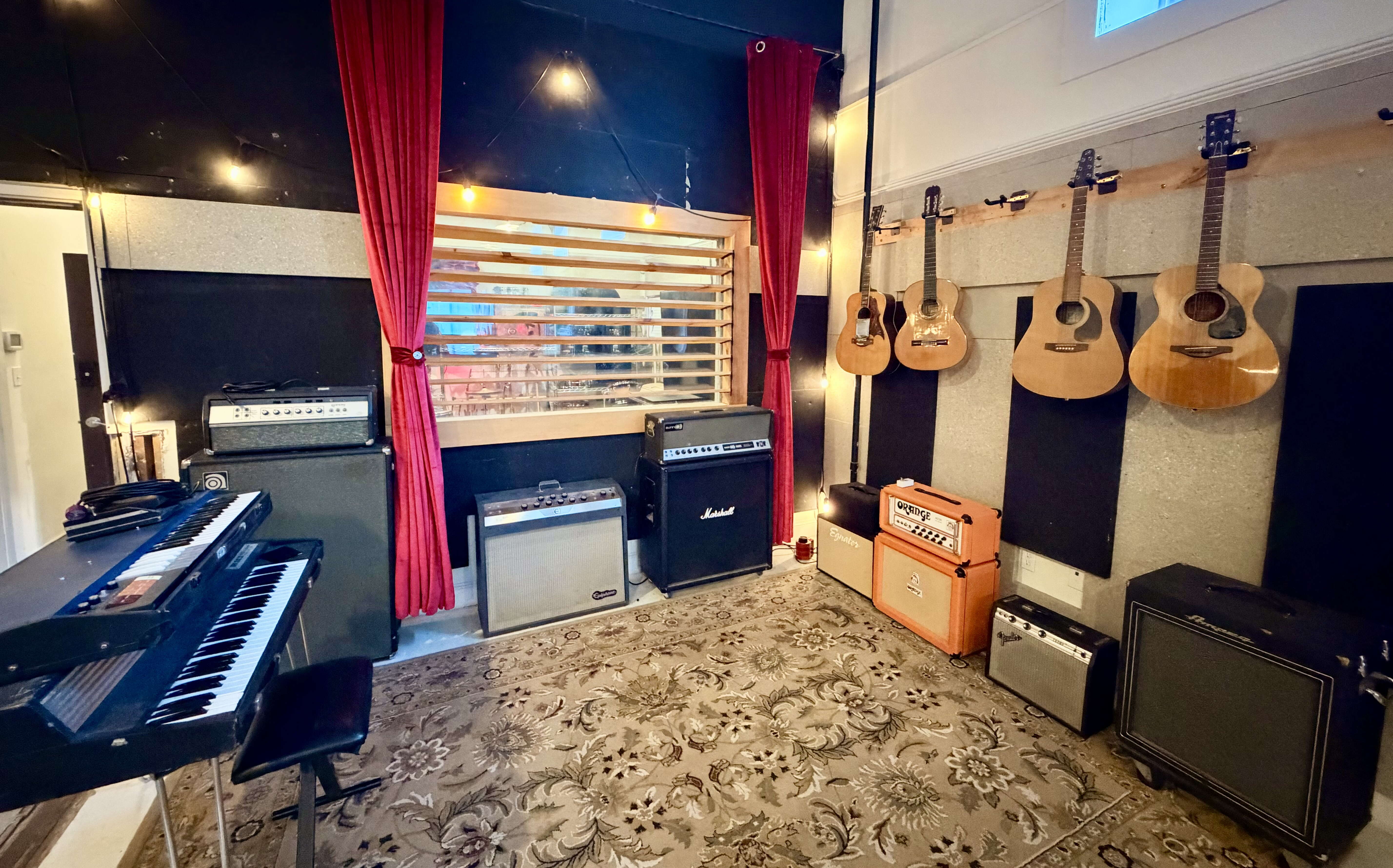 A room has musical instruments.