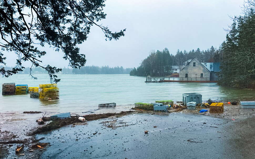 A shorefront is flooded.