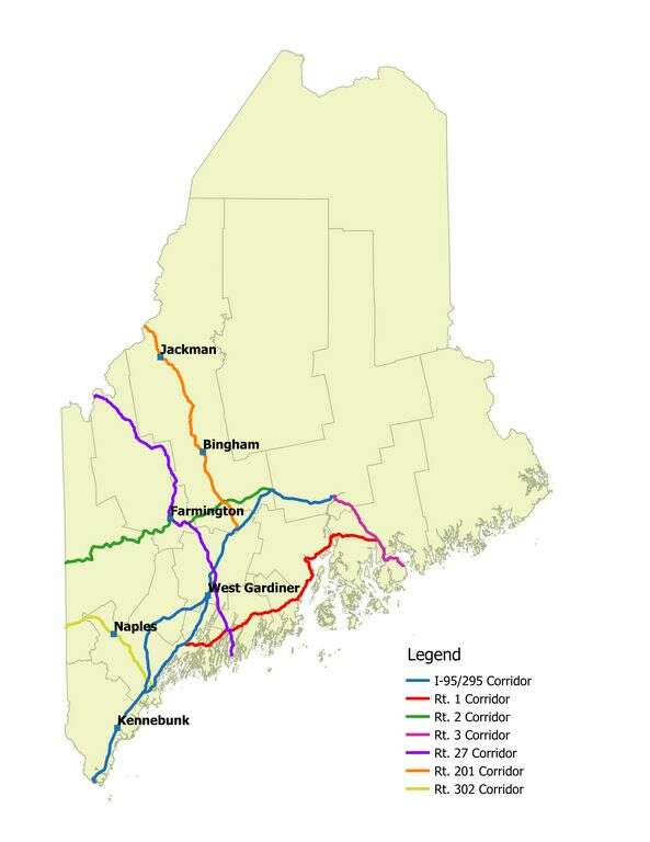 a map of Maine with lines going to the western border along highways and down the coast along route 1