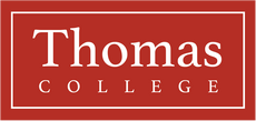 Thomas College written in white against red background