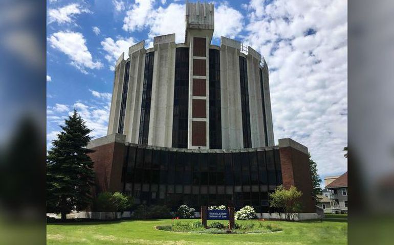 Exterior of University of Maine School of Law cylindrical building in Portland