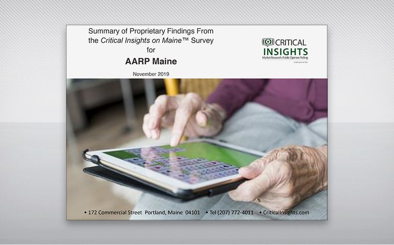 Front page of new AARP Maine report on importance of high-speed Internet expansion.  Cover shows elderly hands holding a computer tablet. 