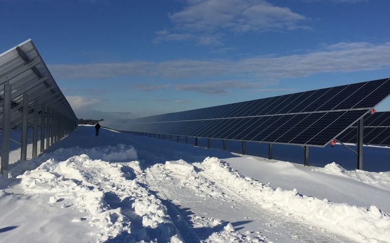 A large solar array in the snow, with a man walking through it in the distance