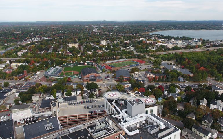 Maine Med aerial view showing new rooftop helipads