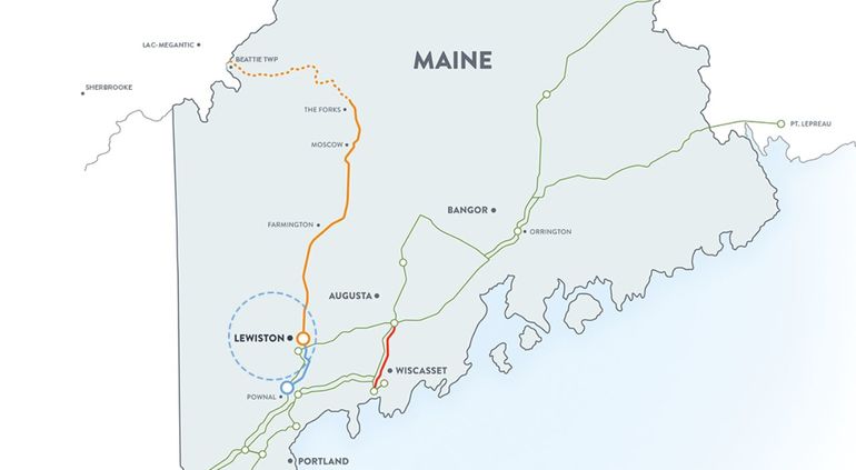 A partial map of Maine, showing a line through Franklin County to Lewiston