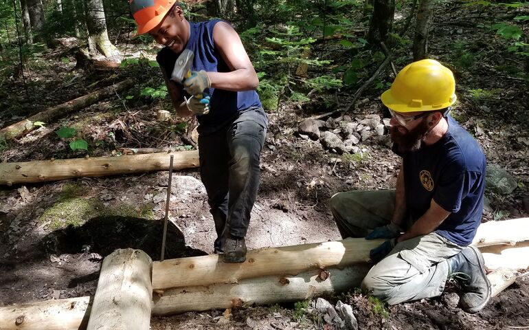 Maine Conservation Corps trail members at work 