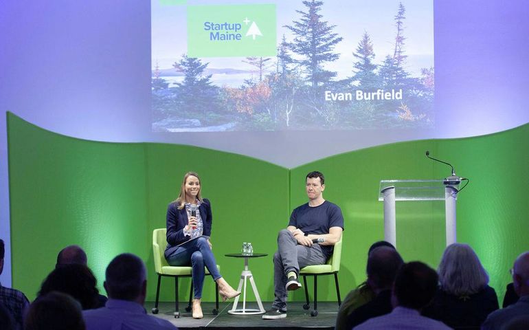 From the 2019 Startup Maine conference in Portland: Two panelists on stage (Quincy Hentzel and Evan Burfield) 