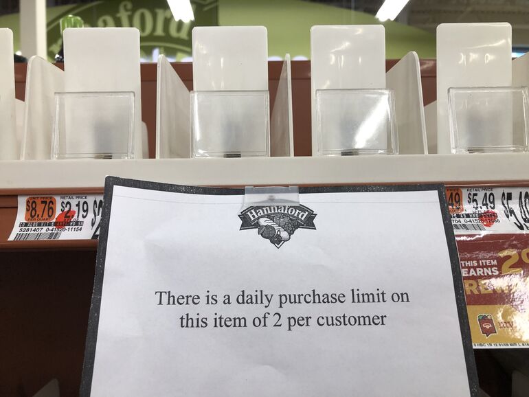 Hannaford sign on Augusta saying daily purchase limit of this item of 2 per customer 