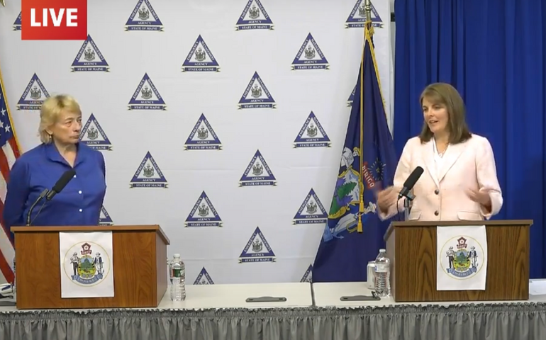 Screen shot of Janet Mills and Heather Johnson at Tuesday's press conference.
