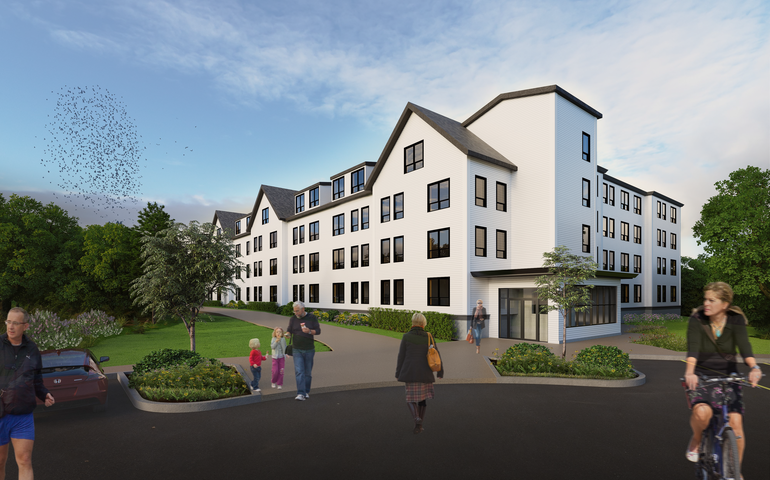 Artist rendering of a white four-story apartment building with a variety of people walking and on bikes