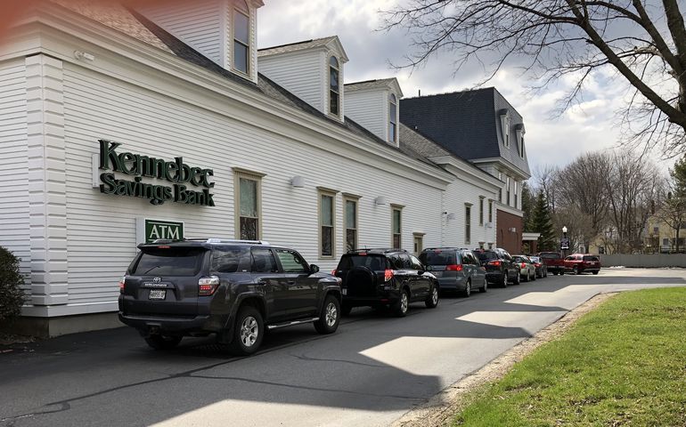 Line of cars at Kennebec Savings Bank drive-through in Augusta 