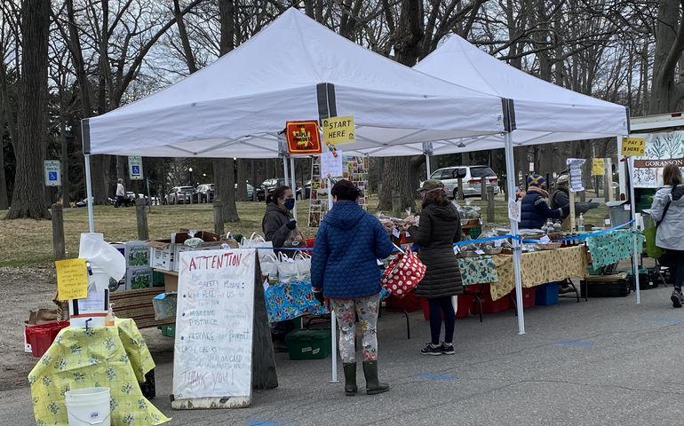 Portland farmers market farm stand and shoppers