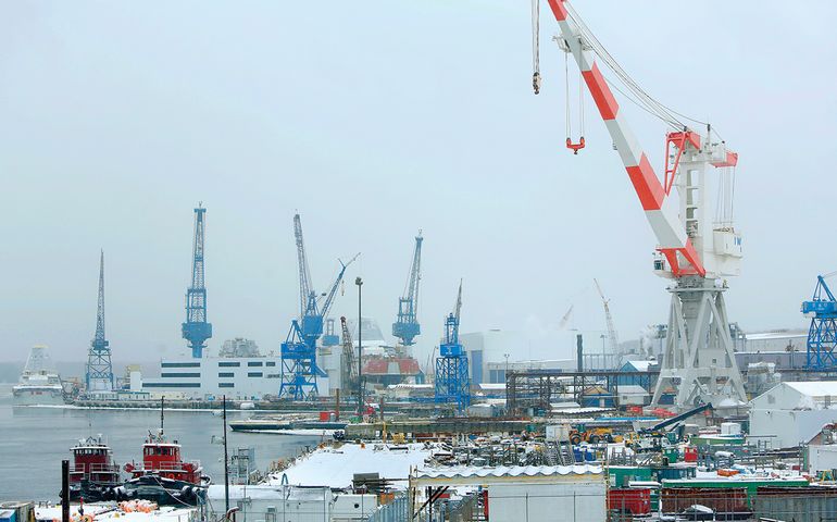 Bath Iron Works panoramic shot showing boats and cranes 