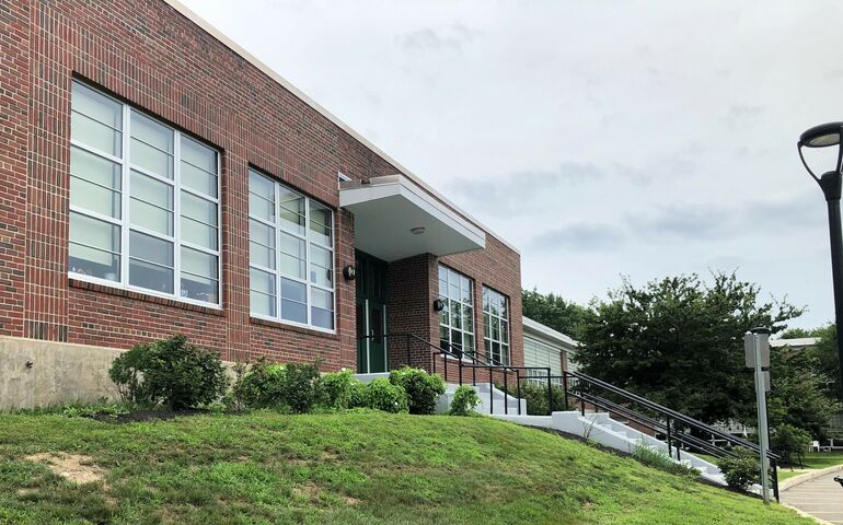 entrance to one-story brick building