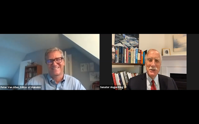 Side by side images of Peter Van Allen and Angus King in a virtual interview.
