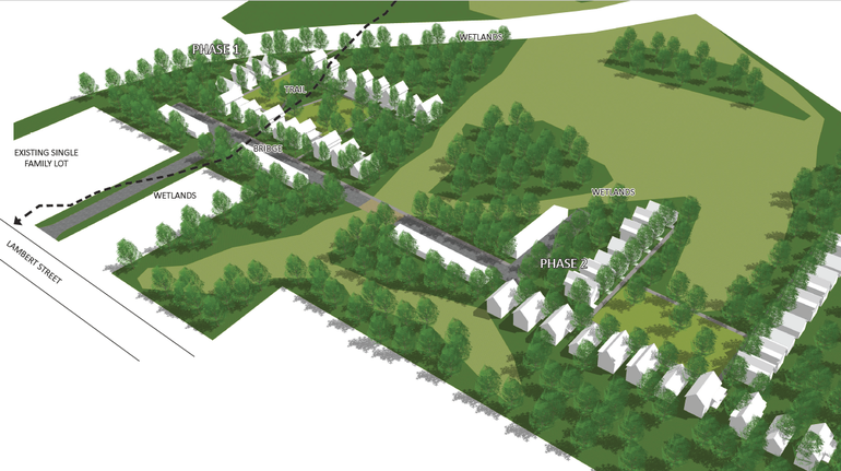 a rendering of a green space with 46 small houses grouped together