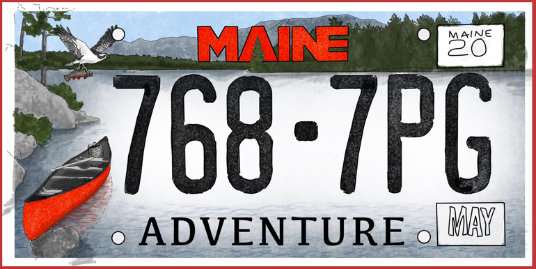 License plate design depicting outdoor nature scene (red canoe on the water, waterfowl)
