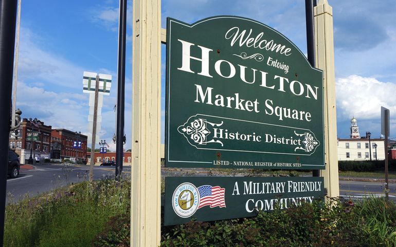 Downtown Houlton showing sign of Market Square in the foreground 