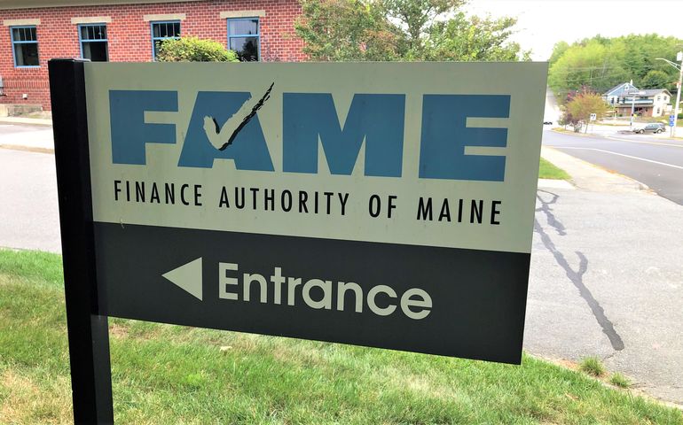 A closeup of a sign says FAME Finance Authority of Maine