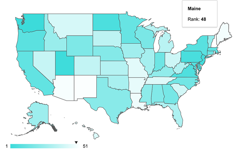 WalletHub map of U.S. states showing Maine as No 48