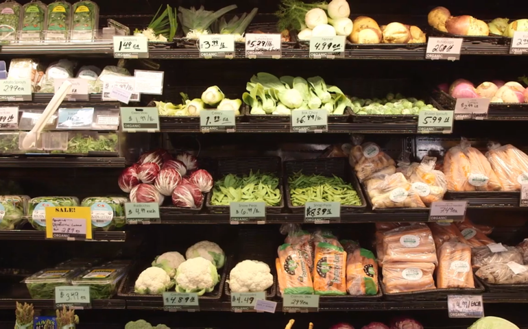 several shelves of vegetables with hand-written cards with prices in front of them